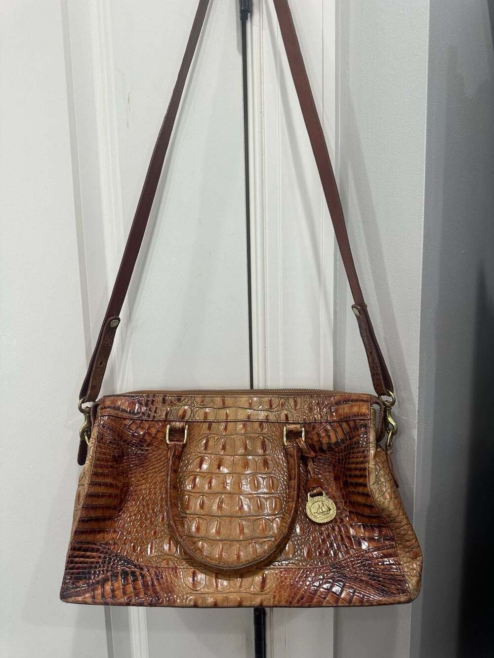 Brahmin Toasted Almond‎ Collection Embossed Leather Satchel with Crossbody Strap